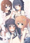  4girls :d :p ;p absurdres bare_shoulders black_bow black_hair black_shirt blue_eyes blue_ribbon blush bob_cut bow braid breasts brown_hair camisole closed_mouth clothes_lift collarbone comiket_106 commentary_request content_rating cover cover_page doujin_cover embarrassed frilled_shirt frilled_sleeves frills frown green_eyes hair_between_eyes hair_ornament hair_ribbon hair_scrunchie hairclip half_up_braid hand_up heart heart_hands heart_hands_duo highres long_hair looking_at_viewer medium_hair multiple_girls no_bra one_eye_closed onii-chan_kiss_no_junbi_wa_mada_desu_ka? open_mouth parallel_hairclips pink_scrunchie puffy_short_sleeves puffy_sleeves red_eyes ribbon sailor_collar sailor_shirt scrunchie seguchi_asahi seguchi_mahiru seguchi_saya seguchi_yayoi shirt shirt_lift short_sleeves siblings sidelocks simple_background sisters sleeve_bow small_breasts smile takepoison tareme tongue tongue_out translation_request twintails two_side_up underboob upper_body v-shaped_eyebrows white_background white_camisole white_shirt yellow_eyes 
