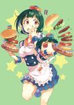  brown_eyes burger_skater_(idolmaster) dual_persona food green_eyes green_hair hamburger hat headset idolmaster idolmaster_(classic) mole mole_under_mouth open_mouth otonashi_kotori piyopiyo puchimasu! short_hair t-okada waitress 