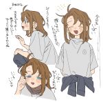  1girl arrow_(symbol) black_jacket black_pants blue_eyes bokujou_monogatari bokujou_monogatari:_youkoso!_kaze_no_bazaar_e brown_hair closed_eyes clothes_around_waist commentary_request dayama haruka_(bokujou_monogatari) heart highres jacket jacket_around_waist long_hair multiple_views pants profile shirt simple_background spoken_heart sweat translation_request white_shirt 