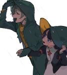  1boy 1girl arm_up black_jacket blue_eyes brown_hair closed_eyes coat commentary_request cowboy_shot feli_(puyopuyo) gloves green_coat green_gloves green_pants hand_grab hand_on_headwear height_difference highres hood hood_up hooded_coat jacket lemres_(puyopuyo) looking_at_another missing_headwear open_clothes open_coat open_mouth orange_shirt pants puritan_collar purple_hair puyopuyo puyopuyo_20th_anniversary rain shirt short_hair simple_background skirt smile standing urolo white_background white_shirt white_skirt 