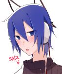  1boy black_shirt blue_eyes blue_hair blush commentary_request devil_survivor_(series) devil_survivor_1 headphones looking_at_viewer medetai mp3_player open_mouth partially_colored portrait shirt short_hair simple_background solo sweatdrop white_background 