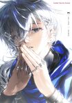  1boy absurdres arknights black_eyes blue_scarf bracelet chinese_commentary clenched_teeth commentary_request doctor_(anime)_(arknights) doctor_(arknights) ear_piercing earrings english_text glint grey_hair hair_between_eyes hair_ornament hair_over_shoulder highres jewelry long_hair looking_at_viewer low_ponytail male_doctor_(arknights) male_focus multiple_rings piercing ponytail ring ring_on_every_finger scarf simple_background solo steepled_fingers stud_earrings teeth upper_body white_background yomi_tamashi 