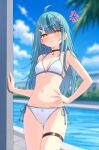  1girl absurdres ahoge anger_vein aqua_hair ass_visible_through_thighs bandaid bandaid_hair_ornament bikini black_choker blue_sky blurry blurry_background blush breasts bright_pupils choker closed_mouth cloud commentary_request cowboy_shot day depth_of_field diamond-shaped_pupils diamond_(shape) earrings hair_ornament hairclip hal_(haldayo913) halterneck hand_on_own_hip highres jewelry long_hair medium_breasts navel nijisanji orange_eyes outdoors parallel_hairclips pendant_choker pool side-tie_bikini_bottom sky small_sweatdrop smile solo standing star_(symbol) star_earrings star_hair_ornament star_pendant stomach straight_hair string_bikini summer swimsuit symbol-shaped_pupils tamanoi_nana thigh_strap triangle_bikini_top virtual_youtuber white_bikini white_pupils x_hair_ornament 