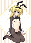  1girl absurdres alternate_costume animal_ears arms_at_sides black_bow black_bowtie black_hairband black_pantyhose black_shoes black_shrug blonde_hair blue_eyes blush bow bowtie breasts chitose_sana collared_shrug commentary_request crosspuzzle double_bun fake_animal_ears fake_tail full_body hair_between_eyes hair_bun hairband heart_maebari heart_pasties high_heels highres long_hair long_sleeves looking_at_viewer maebari navel pantyhose parted_lips pasties rabbit_ears rabbit_tail reverse_bunnysuit reverse_outfit shoes shrug_(clothing) sidelocks signature simple_background sitting small_breasts solo stomach tail tenshinranman thighband_pantyhose two_side_up white_background white_wrist_cuffs wrist_cuffs yokozuwari 