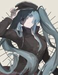  1925_(vocaloid) 1girl black_hat black_jacket blue_eyes blue_hair buttons closed_mouth commentary grey_background hair_between_eyes hand_on_headwear hat hatsune_miku hatsune_miku_(conductor_nightingale) highres jacket layered_sleeves long_hair long_sleeves looking_at_viewer simple_background solo tikumashi twintails twitter_username upper_body very_long_hair vocaloid 