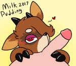  &lt;3 2017 ambiguous_gender anthro bite_(character) blush brown_fur cervine claws duo erection flat_colors fur half-closed_eyes hooves horn human human_on_anthro humanoid_penis interspecies male male/ambiguous mammal milkpudding oral penis red_eyes signature simple_background solo_focus tan_fur 