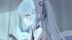  1girl :t arnyang_(ayatsuno_yuni) artist_request ayatsuno_yuni bandaid bandaid_on_arm bipa black_camisole black_choker black_ribbon blush camisole check_artist choker closed_mouth commentary_request controller creature crescent_pendant curtains from_side game_controller grey_hair hair_ornament hair_ribbon hairclip highres holding holding_controller holding_game_controller indoors korean_commentary long_hair pendant_choker pout profile purple_eyes ribbon second-party_source sidelighting solo stellive straight_hair tail twintails upper_body virtual_youtuber x_hair_ornament 