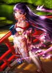  airspace bare_shoulders breasts earrings fisheye from_above geta japanese_clothes jewelry kimono large_breasts light_smile long_hair long_legs purple_eyes purple_hair solo standing tenka_touitsu_chronicle thighhighs very_long_hair 