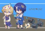  2boys animal animalization aventurine_(boys'_dormitory)_(honkai:_star_rail) aventurine_(honkai:_star_rail) aventurine_(little_cat)_(honkai:_star_rail) aventurine_(origami_bird)_(honkai:_star_rail) barefoot black_slippers blonde_hair blue_background blue_eyes blue_robe blue_slippers brown_sash brushing_teeth cake_cat_(honkai:_star_rail) cat chibi chibi_only closed_mouth collared_shirt commentary crossed_bangs cup dr._ratio_(boys'_dormitory)_(honkai:_star_rail) dr._ratio_(honkai:_star_rail) dr._ratio_(little_cat)_(honkai:_star_rail) english_commentary english_text expressionless grey_background hair_between_eyes hair_ornament hand_up heart holding holding_animal holding_cat holding_cup holding_toothbrush honkai:_star_rail honkai_(series) long_sleeves looking_at_viewer male_focus mask mask_on_head mug multicolored_eyes multiple_boys neck_tattoo origami_bird_(honkai:_star_rail) pajamas parted_bangs purple_cat purple_eyes purple_hair red_eyes robe sash shirt short_hair shorts sleep_mask slippers sweet_love4s tattoo toothbrush toothbrush_in_mouth trailblazer_(honkai:_star_rail) trailblazer_(trash_cake)_(honkai:_star_rail) two-tone_background two-tone_eyes unworn_slippers white_pajamas white_shirt white_shorts yellow_eyes 