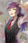  1boy ahoge arm_up black_vest blunt_bangs chibi chibi_inset collared_shirt commentary_request glasses green_eyes jack_jeanne long_hair looking_at_viewer male_focus necktie neji_kokuto pinstripe_pattern pinstripe_vest purple_hair red_necktie semi-rimless_eyewear shirt solo under-rim_eyewear vest white_shirt yellow-framed_eyewear yuhazu_(rhe-rhe) 