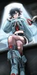  1boy absurdres animal_ears asekeu black_hair bow crossed_legs garter_straps genderswap genderswap_(ftm) green_bow green_eyes green_jacket high-waist_shorts highres jacket jane_doe_(zenless_zone_zero) john_doe_(zenless_zone_zero)_(scopeophilia) male_focus midriff mouse_boy mouse_ears mouse_tail necktie open_mouth pantyhose shorts single_garter_strap single_leg_pantyhose sitting tail thighhighs torn_clothes torn_pantyhose torn_thighhighs two-tone_necktie very_long_tail zenless_zone_zero 