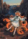  1girl black_shoes bonnet bow bowtie cliff commentary_request coral crab dress frilled_dress frills full_body green_bow green_bowtie highres instrument ishmael_(project_moon) killerohan limbus_company long_hair longship lute_(instrument) ocean orange_hair project_moon rock ship shoes socks solo tentacle_hair very_long_hair watercraft white_dress white_socks 