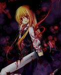  :d alternate_hair_length alternate_hairstyle anna_(small_night) blonde_hair blood blood_on_face bloody_clothes blouse dark darkness ex-rumia frilled_skirt frills long_hair looking_at_viewer open_mouth red_eyes ribbon rumia skirt smile sword touhou weapon 