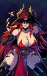  1girl absurdres artist_logo black_gloves black_thighhighs boutsoftheblind breasts cleavage commentary cowboy_shot dragon_girl dragon_horns dress elbow_gloves fire glint gloves highres horns indie_virtual_youtuber large_breasts logo long_hair looking_at_viewer magic pelvic_curtain pink_lips pointing pointing_up red_dress red_hair skull_and_crossbones smile solo strapless strapless_dress thighhighs very_long_hair virtual_youtuber zentreya zentreya_(dragon) zentreya_(dragon)_(dungeon_master) 