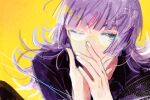  1boy aqua_eyes bishounen commentary_request covering_own_mouth glasses hand_over_own_mouth jack_jeanne jacket male_focus neji_kokuto one_eye_closed purple_hair purple_jacket semi-rimless_eyewear solo under-rim_eyewear upper_body yellow-framed_eyewear yellow_background yuhazu_(rhe-rhe) 