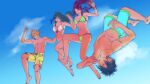  2boys 2girls aerith_gainsborough barefoot bikini black_hair blonde_hair blue_sky blue_swim_trunks braid braided_ponytail breasts brown_hair cloud cloud_strife cloudy_sky english_commentary final_fantasy final_fantasy_vii final_fantasy_vii_remake floating_hair green_bikini highres holding_hands jumping large_breasts long_hair male_swimwear medium_breasts multiple_boys multiple_girls navel outdoors short_hair sky spiked_hair stomach swim_trunks swimsuit tifa_lockhart toned toned_male topless_male voaleine white_bikini yellow_swim_trunks zack_fair 