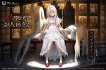  1girl azur_lane blonde_hair chair character_doll commentary_request doll dress evil_smile frilled_dress frills full_body green_eyes grin hasty_(azur_lane) hasty_(sleepless_dollhouse)_(azur_lane) highres long_hair looking_at_viewer manjuu_(azur_lane) official_alternate_costume official_art red_sash red_shoes sash shoes sitting smile socks solo white_dress white_socks 