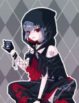  1girl arm_tattoo bandaged_arm bandaged_leg bandages bandaid bandaid_on_face bare_shoulders belt_collar black_choker black_dress black_gloves black_hood black_tank_top box chain chest_sarashi choker cigarette_pack collar colored_inner_hair commentary_request crossed_bangs cuffs dress gauze_on_arm glaring gloves gn8st grey_background grey_hair hair_between_eyes hair_ornament highres holding holding_box holding_cigarette_pack looking_at_viewer mahou_shoujo_no_majo_saiban metal_ball multicolored_hair outline red_eyes red_hair sarashi shackles shito_alisa short_hair sitting solo stitched_face stitches tank_top tattoo torn_clothes torn_dress unlit_cigarette_in_mouth white_outline x_hair_ornament 