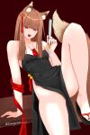  1girl absurdres alternate_costume amulet animal_ear_fluff animal_ears arm_support bare_hips bare_legs bare_shoulders bell black_dress breasts brown_hair chinese_clothes commentary diagada dress english_commentary english_text fangs groin hair_ornament hand_fan highres holding holding_fan holo jingle_bell leaning_on_object leg_up long_hair looking_at_viewer neck_pouch open_mouth pelvic_curtain platform_sandals qipao red_background red_eyes red_nails red_ribbon ribbon sandals side_slit simple_background small_breasts solo spice_and_wolf spread_legs strapless strapless_dress tail thick_thighs thighs tongue twitter_username wolf_ears wolf_girl wolf_tail 