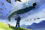  1girl akari_(pokemon) bird blue_sky book cloud commentary day fangs fanny_pack flying from_behind from_below galaxy_team_survey_corps_uniform grass gyarados headscarf highres holding holding_book holding_pokedex light_rays mountainous_horizon natsumi_miyanose official_artist_extra open_book open_mouth outdoors pokedex pokemon pokemon_(creature) pokemon_legends:_arceus red_scarf scarf sky standing starly sunlight white_headscarf 