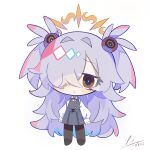  1girl ahoge arms_at_sides bags_under_eyes black_pantyhose blue_archive blush blush_stickers brown_eyes buttons chibi chibi_only collared_shirt commentary_request dated dress full_body grey_dress hair_between_eyes hair_intakes hair_ornament hair_over_one_eye halo highres kanoe_(blue_archive) limpiderm long_bangs long_hair long_sleeves looking_at_viewer messy_hair multicolored_hair neck_ribbon one_eye_covered open_mouth pantyhose pinafore_dress pleated_dress puffy_long_sleeves puffy_sleeves purple_hair raised_eyebrows red_ribbon ribbon shirt shoes short_dress signature simple_background sleeveless sleeveless_dress sleeves_past_wrists solo standing straight-on streaked_hair triangle_mouth two_side_up very_long_hair white_background white_shirt x_hair_ornament 