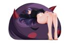  1girl absurdres akuma_nihmune ass black_sweater breasts closed_mouth demon_horns feet high_heel_sandals high_heels highres horns indie_virtual_youtuber large_breasts legs long_hair looking_at_viewer mole mole_under_eye no_panties pink_eyes purple_hair red_horns sandals sansha_art solo sweater thighs toes virtual_youtuber white_background 