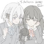  2girls black_bow black_hair black_suit blue_ribbon bow braid character_doll closed_mouth collared_shirt commentary_request dated doll dot_nose gift_art grey_eyes hair_bow holding holding_doll holding_needle kurobe_honoka kurobe_nanoka long_hair long_sleeves mahou_shoujo_no_majo_saiban multiple_girls neck_ribbon needle purple_eyes red_bow ribbon shirt short_hair siblings signature simple_background sisters smile spoilers stitching suit twintails user_aut white_background white_hair white_shirt 
