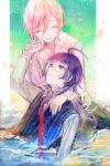  1boy 1girl black_pants collared_shirt commentary_request glasses green_eyes hand_on_another's_cheek hand_on_another's_face hetero jack_jeanne long_hair necktie neji_kokuto pants pink_hair purple_hair red_necktie semi-rimless_eyewear shirt short_hair tachibana_kisa under-rim_eyewear white_shirt yellow-framed_eyewear yuhazu_(rhe-rhe) 