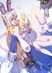 1girl bangboo_(zenless_zone_zero) blonde_hair blue_coat blue_jacket boots braid coat commentary garter_belt garter_straps gloves grey_helmet hat helmet highres jacket large_hat long_hair norma_hollowell onshigou open_clothes open_jacket purple_eyes shako_cap smile thighhighs white_boots white_garter_belt white_garter_straps white_gloves white_thighhighs zenless_zone_zero 