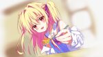  1girl :d bare_shoulders blonde_hair blue_shirt blurry blurry_background blush bow chest_bow chinese_commentary coat commentary dutch_angle eyes_visible_through_hair feeding_viewer hair_between_eyes hair_intakes hair_ribbon hand_up highres holding holding_spoon indoors inkari irotoridori_no_sekai lab_coat long_hair long_sleeves looking_at_viewer nikaidou_shinku open_clothes open_coat open_mouth reaching reaching_towards_viewer red_bow red_eyes red_ribbon ribbon sailor_collar school_uniform serafuku shirt sidelocks sleeveless sleeveless_shirt smile solo spoon two_side_up upper_body white_coat white_sailor_collar 
