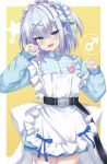  1boy :d absurdres apron back_bow bandaid bandaid_on_leg bandaid_on_thigh belt black_belt blue_bow blue_eyes blue_hair blue_jacket blue_nails blush border bow brooch clenched_hands commentary cowboy_shot crossdressing crossdressing_(mtf) eyelashes eyes_visible_through_hair frilled_apron frills hair_between_eyes hair_bow hair_ornament hairband hands_up heart heart_brooch highres huge_bow jacket jersey_maid jewelry kamisama_choose!_sensei_onna_no_ko_niatteru_yo! lolita_hairband looking_at_viewer maid maid_apron male_focus male_maid mars_symbol medium_hair nail_polish open_mouth outside_border shirahato_inori simple_background sleeves_past_wrists smile smug solo speech_bubble spoken_mars_symbol star_(symbol) straight_hair track_jacket trap tsurime unconventional_maid white_apron white_border white_bow wing_hair_ornament x_hair_ornament yellow_background yuunagi_(yunagi1373) zipper 