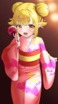  1girl :d blonde_hair candy_apple commentary_request danuya_(danuya030) double_bun fang festival food hair_bun hair_ornament highres holding holding_food japanese_clothes kimono long_hair monogatari_(series) oshino_shinobu pointy_ears smile solo star_(symbol) vampire yellow_eyes yukata 