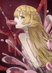  1girl absurdres bare_shoulders blonde_hair cokei commentary donut dress food food_in_mouth fork from_side highres long_hair looking_at_viewer monogatari_(series) oshino_shinobu pointy_ears solo vampire white_dress yellow_eyes 
