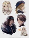  1girl 2boys artist_name artoria_caster_(fate) artoria_caster_(second_ascension)_(fate) artoria_pendragon_(fate) black_hair blonde_hair blue_eyes bob_cut bow bowtie bug butterfly closed_mouth collar commentary_request crown dual_persona fate/grand_order fate_(series) frilled_collar frills fujimaru_ritsuka_(male) fur_scarf grey_hair grin hair_bow head_only highres long_hair looking_ahead looking_back multiple_boys nyaa_kitsune oberon_(fate) oberon_(third_ascension)_(fate) profile short_hair signature smile wide-eyed yakudo_trio yellow_eyes 