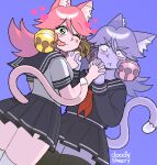  2girls alternate_costume animal_ear_fluff animal_ears artist_name bell black_sailor_collar black_serafuku black_shirt black_skirt blush_stickers breasts cat_ears cat_girl cat_tail colored_skin commentary cowboy_shot curtained_hair deltarune doodly_sheery dual_persona ghost_pink_(deltarune) green_eyes hair_bell hair_ornament heart highres holding_hands interlocked_fingers long_hair looking_at_viewer looking_back mad_mew_mew medium_breasts midriff_peek miniskirt multiple_girls neckerchief one_eye_closed over-kneehighs parted_bangs pink_hair pleated_skirt pout purple_background purple_hair purple_skin red_neckerchief sailor_collar school_uniform serafuku shirt short_hair skirt tail thick_eyebrows thighhighs tongue tongue_out utdr_(toby_fox) white_shirt white_thighhighs zettai_ryouiki 