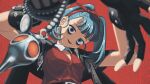  1girl alternate_costume alternate_hairstyle aqua_eyes aqua_hair bags_under_eyes black_capelet black_eyeshadow black_gloves blurry blurry_foreground bow capelet charm_(object) comb_over commentary contrast_collar depth_of_field detached_collar earrings empty_eyes eyeshadow fingerless_gloves from_below gloves hair_bow hairband hatsune_miku highres holding holding_charm hypnosis hypnotizing_viewer jacket jacket_partially_removed jewelry kee leather leather_gloves leather_jacket lipstick looking_at_viewer looking_down makeup mind_control red_background red_bow red_hairband red_shirt second-party_source sennou_(vocaloid) shirt short_hair short_twintails skull_charm solo spiral_background triangle_earrings twintails upper_body vocaloid 