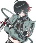  1boy 5_g0y0u animal_ears aqua_jacket black_gloves black_hair black_shirt blue_eyes closed_mouth commentary_request crossed_arms earrings fingerless_gloves fingernails genderswap genderswap_(ftm) gloves grey_pupils hair_over_one_eye holding holding_scissors jacket jane_doe_(zenless_zone_zero) jewelry john_doe_(zenless_zone_zero)_(scopeophilia) long_sleeves looking_at_viewer male_focus midriff mouse_boy mouse_ears mouse_tail multicolored_hair nail_polish pink_hair puffy_long_sleeves puffy_sleeves red_nails scissors shirt short_hair shoulder_pads simple_background smile solo streaked_hair tail trap turtleneck turtleneck_shirt upper_body white_background zenless_zone_zero 
