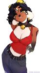  1girl absurdres animal_ears arms_behind_back belt black_belt black_hair breasts bridge_piercing choker cleavage cowboy_shot denim earrings face_piercing furry furry_female goat_ears goat_girl highres horizontal_pupils horns jeans jewelry kody_(pudgeruffian) large_breasts original pants piercing pudgeruffian red_shirt shirt simple_background smile solo teeth yellow_eyes 