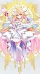  1girl ahoge blonde_hair boots capelet closed_mouth commentary_request cure_arcana dress edamame_senpai frills full_body gradient_hair hair_intakes hand_on_own_chest highres holding holding_staff long_hair looking_at_viewer magical_girl meitantei_precure! moria_luluka multicolored_hair pink_eyes pink_hair precure smile solo staff thighhighs veil very_long_hair white_capelet white_dress white_thighhighs 