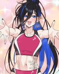  1girl :d abs abstract_background ayase_yuu black_hair black_nails blue_eyes blue_hair blue_streaks blush bright_background buruma colored_inner_hair commentary_request double-parted_bangs ear_piercing earrings flower_tattoo high_ponytail highres hugging_viewer jewelry leaf_tattoo logo long_bangs long_hair maximum_pamyu midriff multicolored_buruma multicolored_hair multicolored_sports_bra nail_polish navel official_alternate_hairstyle open_mouth phase_connect piercing pink_buruma pink_sports_bra ponytail single_earring smile solo spiked_ear_piercing sports_bra stomach_tattoo streaked_hair tattoo teeth upper_body upper_teeth_only very_long_hair virtual_youtuber 