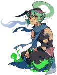  1boy arabian_clothes armlet black_pants black_shirt blue_scarf bracer commentary_request flame_print floating_hair floating_scarf full_body green_hair green_shoes harem_pants hat high_ponytail highres hursh_(outlander)_(puyopuyo) hursh_(puyopuyo) jewelry long_hair looking_at_viewer looking_to_the_side male_focus pants parted_lips ponytail print_pants purple_hat puyopuyo puyopuyo_quest red_eyes scarf shirt shoes sidelocks simple_background sleeveless sleeveless_shirt solo squatting turban urolo white_background 