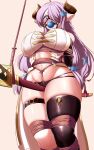  1girl absurdres bagelbomb ball_gag bdsm black_panties black_thighhighs blue_eyes blush bondage bottomless bound bound_arms braid breasts commentary crotch_rope crotch_rub draph elbow_gloves english_commentary from_below gag gag_chinstrap gag_harness gagged gloves granblue_fantasy hair_over_one_eye highres horns katana large_breasts long_hair looking_down low-tied_long_hair narmaya_(granblue_fantasy) paid_reward_available panties pointy_ears purple_hair rope single_braid single_thighhigh skindentation solo sword thigh_strap thighhighs underwear weapon 