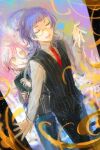  1boy 1girl black_pants black_vest closed_eyes commentary_request cowboy_shot crossdressing crossdressing_(ftm) gakuran glasses jack_jeanne long_hair looking_at_another neji_kokuto open_mouth pants pinstripe_pattern pinstripe_vest purple_hair school_uniform semi-rimless_eyewear tachibana_kisa under-rim_eyewear vest yellow-framed_eyewear yellow_eyes yuhazu_(rhe-rhe) 