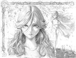  3girls absurdres barefoot border breasts cape commentary corpse croe_(necroesis) floating_clothes flower greyscale hair_between_eyes half_updo halo highres holding holding_jewelry holding_necklace jewelry lips long_bangs long_hair monochrome multiple_girls multiple_views naked_cape navel necklace nipples nose original ornate_border panties parted_lips ripples savarina_(croe) side-tie_panties signature small_breasts stomach string_panties topless_female underwear unworn_jewelry unworn_necklace walking walking_on_liquid 