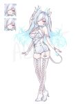  1girl absurdres adoptable bare_shoulders blue_fire boots breasts cleavage closed_mouth commentary demon_girl demon_tail english_commentary eyelashes fiery_hair fire flame-tipped_tail full_body hair_over_one_eye high_heel_boots high_heels highres long_hair miclipse multiple_expressions open_mouth original pink_eyes simple_background smile solo standing tail thigh_boots watermark white_background white_boots white_hair 