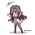  1boy arms_up bandage_over_one_eye bandaged_chest bandages black_hair black_pants chibi chibi_only collared_shirt commentary_request hatayanagi_shizuku long_hair long_sidelocks lowres male_focus michael_roa_valdamjong open_clothes open_fly open_shirt pale_skin pants red_eyes shirt sidelocks simple_background solo translation_request tsukihime vampire wavy_hair wavy_sidelocks white_background 
