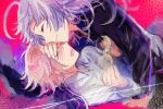  1boy 1girl :d black_jacket closed_eyes closed_mouth collared_shirt commentary_request glasses hand_on_another's_forehead hetero holding holding_removed_eyewear hug jack_jeanne jacket long_hair neji_kokuto pink_hair profile purple_hair semi-rimless_eyewear shirt smile tachibana_kisa under-rim_eyewear unworn_eyewear white_shirt yellow-framed_eyewear yuhazu_(rhe-rhe) 