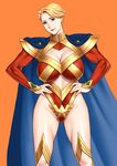  blue_eyes breasts cape cleavage cleavage_cutout eighth_wonder hands_on_hips haruka_athena huge_breasts mature solo superhero takasugi_kou uchi_no_musume_ni_te_wo_dasuna! 