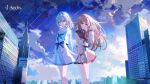  2girls absurdres aeclis aroa_(aroamoyasi) blue_eyes blue_hair blue_neckerchief brown_eyes brown_hair building cityscape cloud commentary_request copyright_name highres hizuki_(aeclis) key_visual long_hair long_sleeves looking_at_viewer multiple_girls neckerchief official_art outdoors pleated_skirt promotional_art rei_(aeclis) sailor_collar school_uniform serafuku shirt shooting_star skirt sky skyscraper smile star_(sky) starry_sky white_serafuku white_skirt 