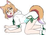  1girl absurdres adapted_costume all_fours animal_ear_fluff animal_ears blonde_hair boots commentary_request fang fox_ears fox_girl fox_tail green_ribbon hair_between_eyes highres hood hoodie kudamaki_tsukasa looking_at_viewer medium_hair neck_ribbon no_panties open_mouth ribbon shgngzhngdeyti1 short_sleeves simple_background sleeve_ribbon solo tail thighs touhou white_background white_boots white_hoodie yellow_eyes 
